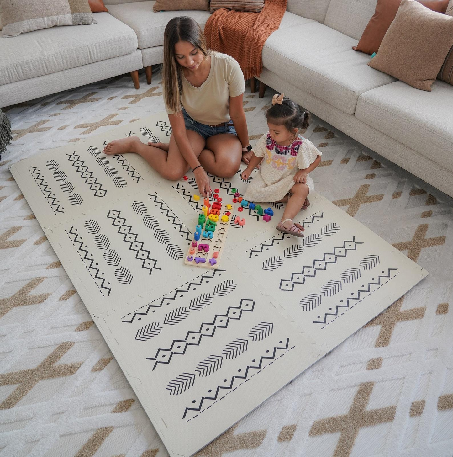 Tribal pattern in cream white play mat