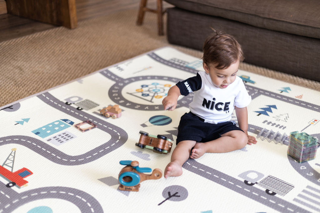 Happy Family and car track play mat (Grey Edging)